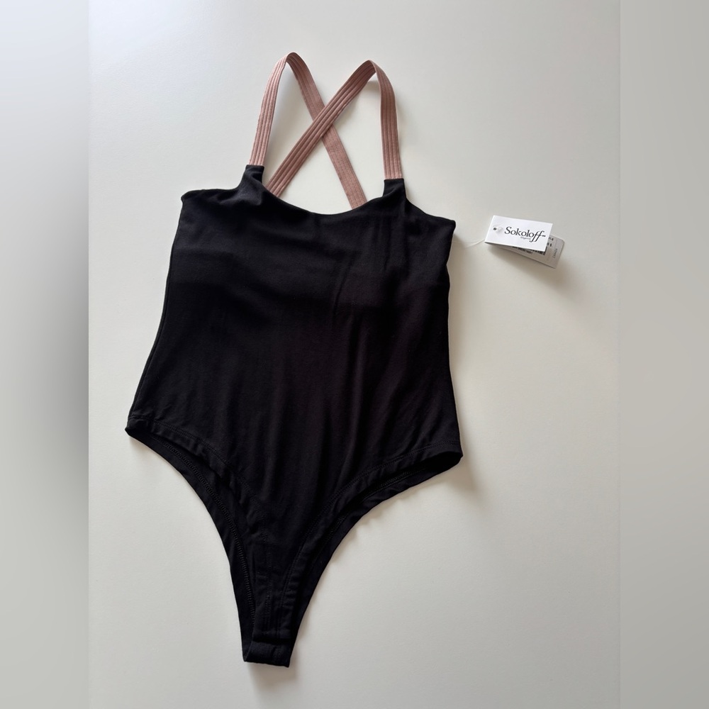 Sokoloff Black One-Piece Bodysuit with Dusty Rose Straps